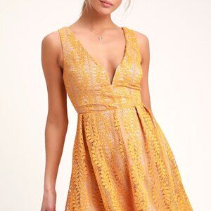 Lulus All Of My Heart Mustard Yellow Lace Skater Dress - Size M